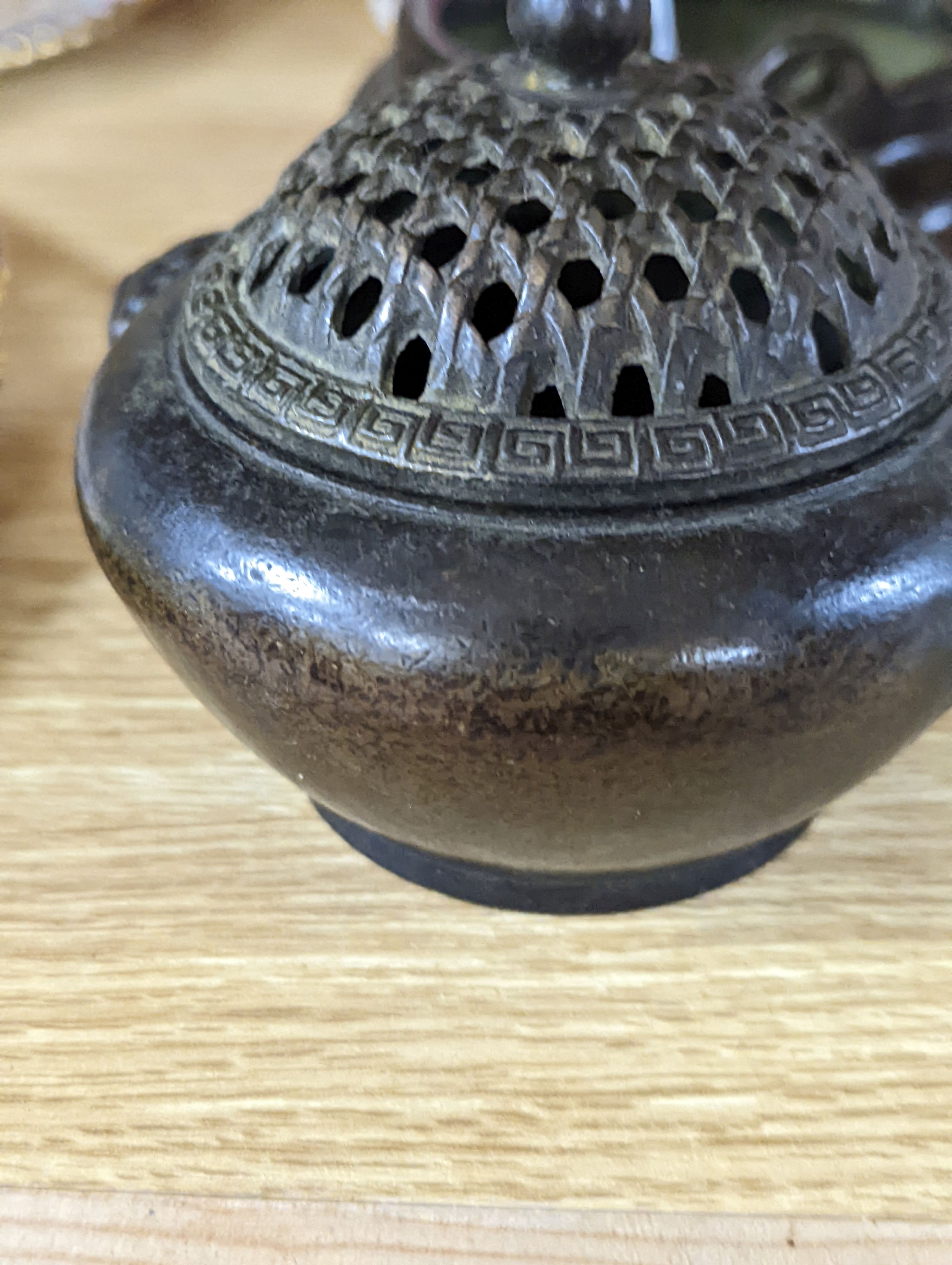 A Chinese bronze tripod censer and a Chinese bronze censer and cover 11cm